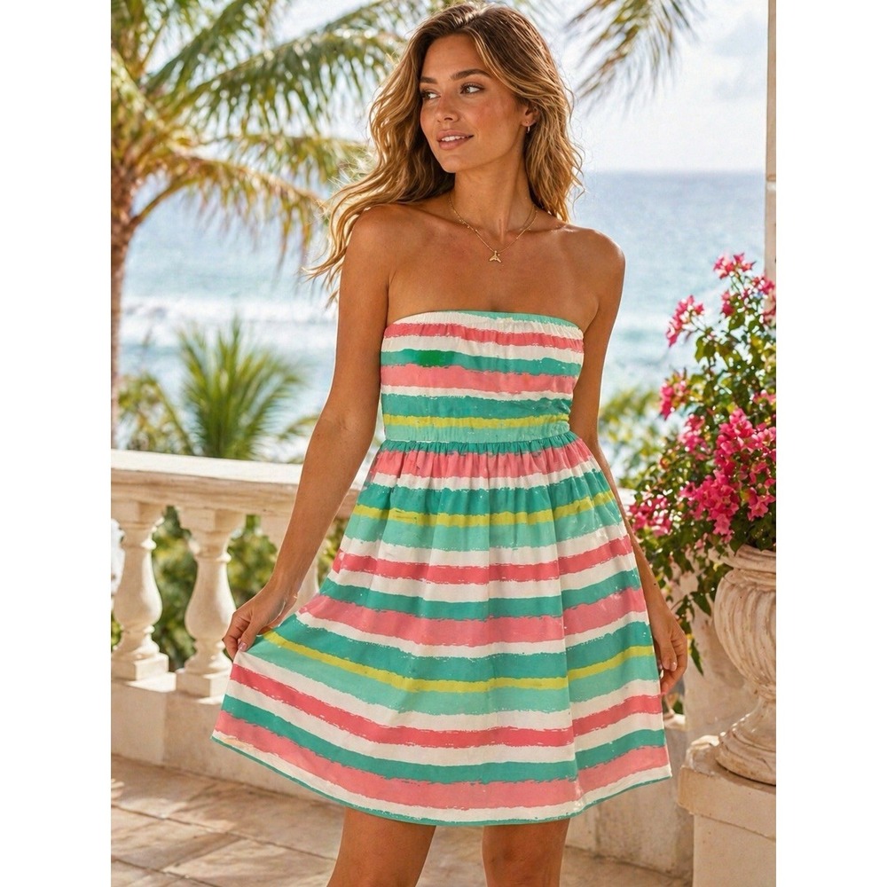 Vineyard Vines Strapless Sundress Size 16 Pink Teal Striped Cotton Summer Beach